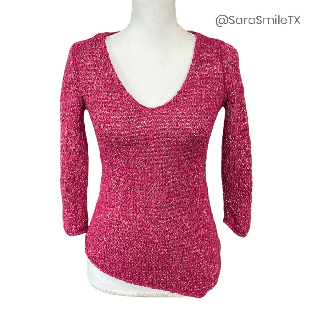 PORTMANS AUSTRALIA Pink Metallic Gold Open Knit Asymmetric Hem Sweater
